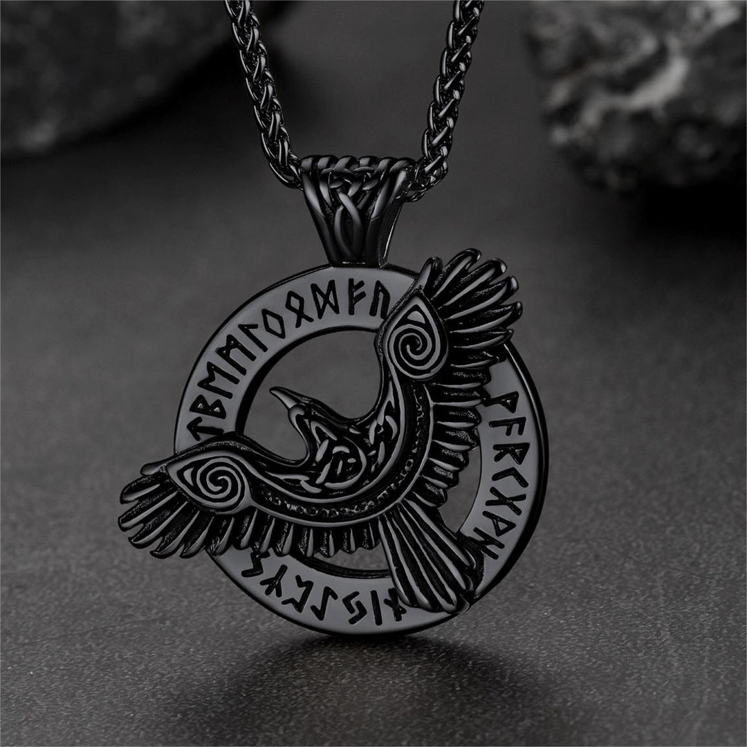 Viking Odin's Raven Necklace For Men With Runes