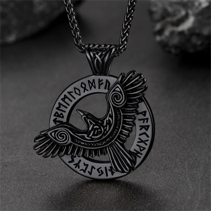 Viking Odin's Raven Necklace For Men With Runes