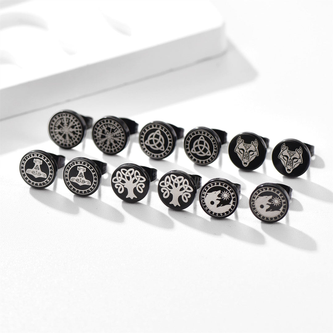 Viking Black Stud Earrings Set For Men 6 Pairs