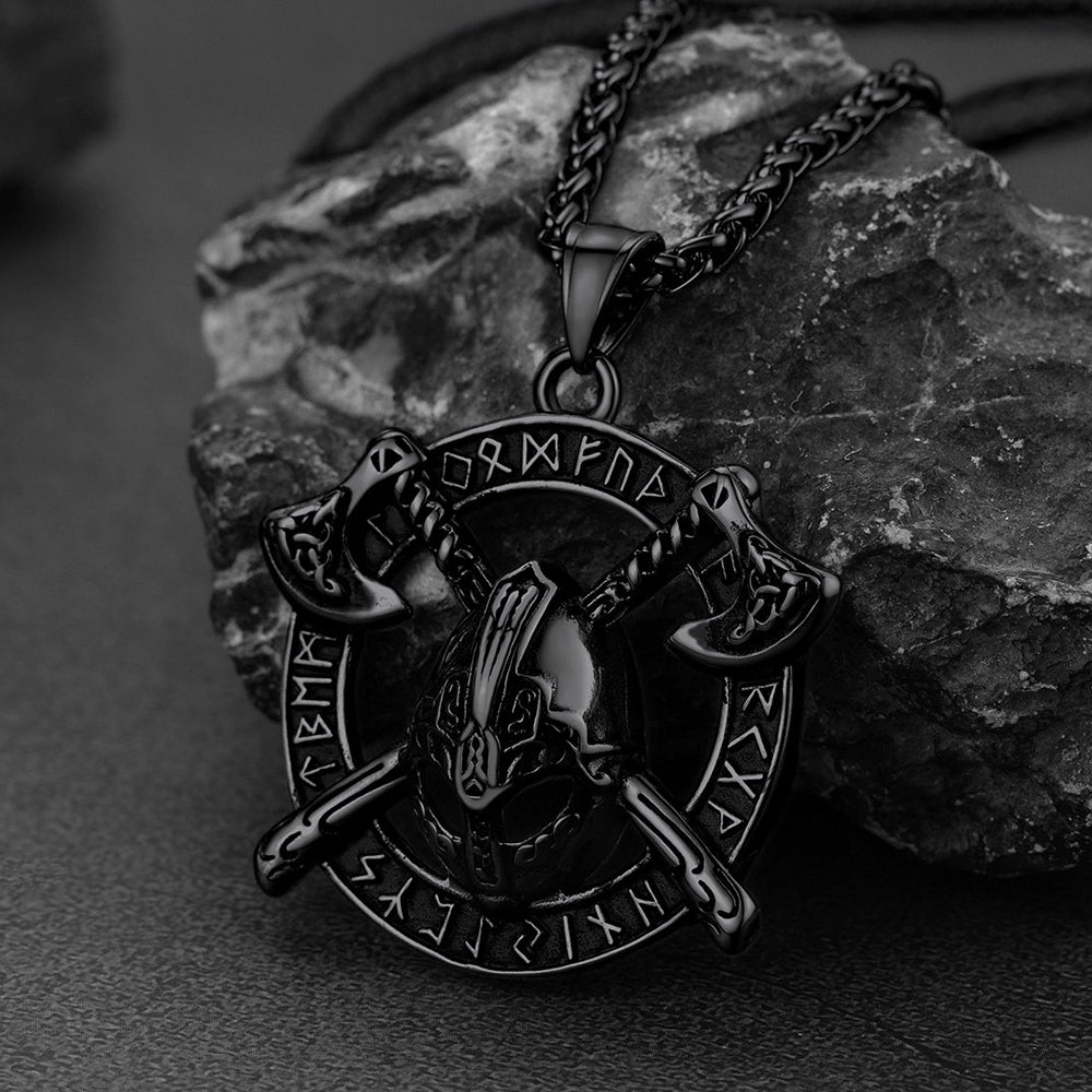 Flash Sale Viking Axe Helmet Pendant Necklace For Men With Runes