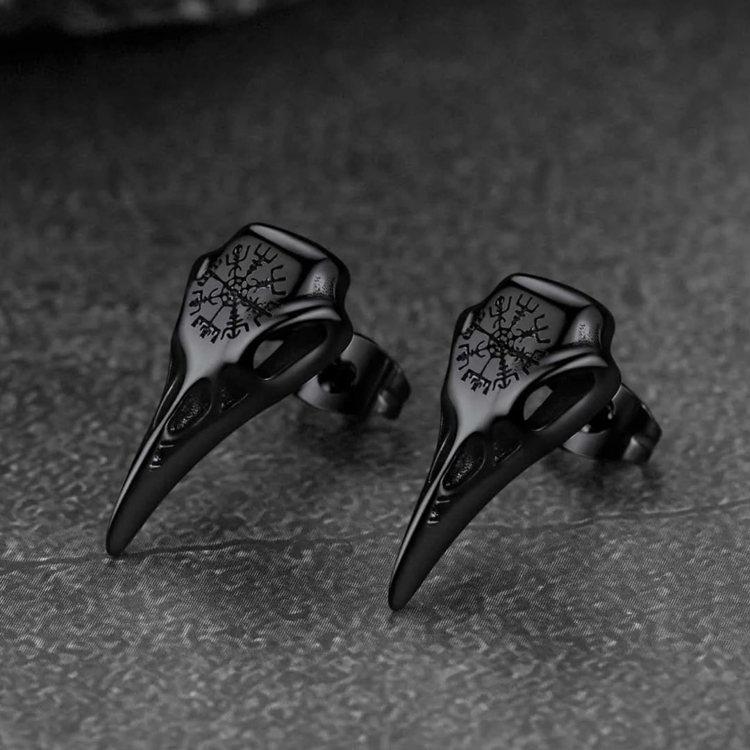 Viking Raven Skull Stud Earrings With Viking Vegvisir For Men Women