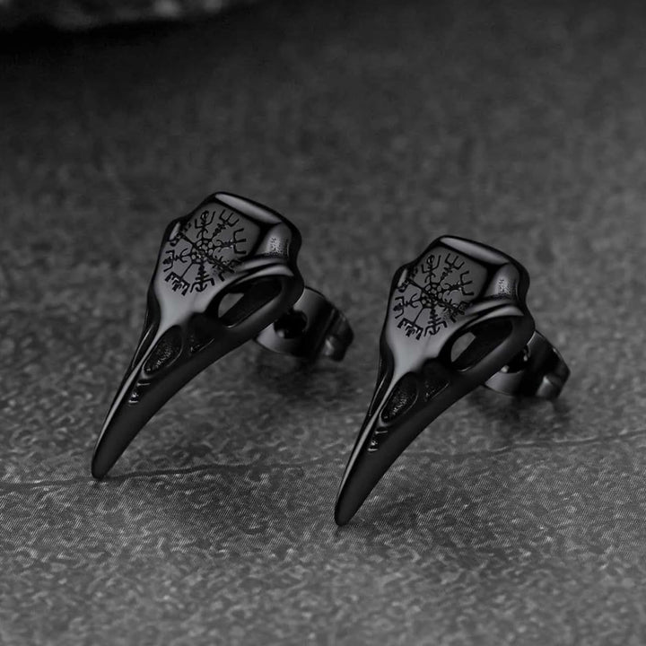 Viking Raven Skull Stud Earrings With Viking Vegvisir For Men Women