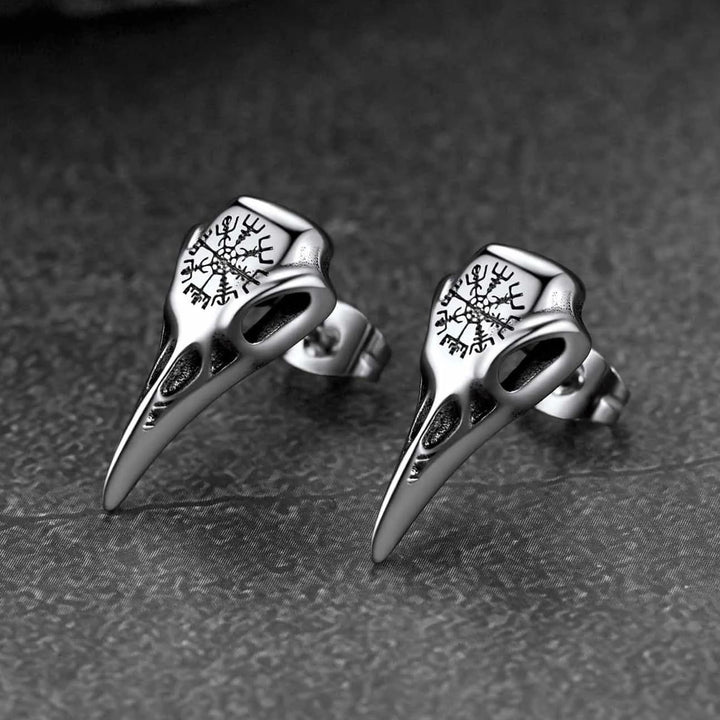 Viking Raven Skull Stud Earrings With Viking Vegvisir For Men Women