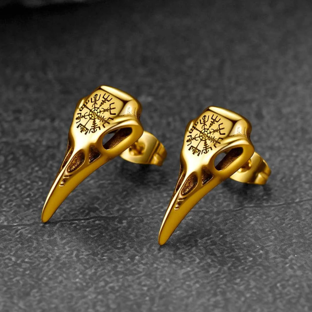 Viking Raven Skull Stud Earrings With Viking Vegvisir For Men Women