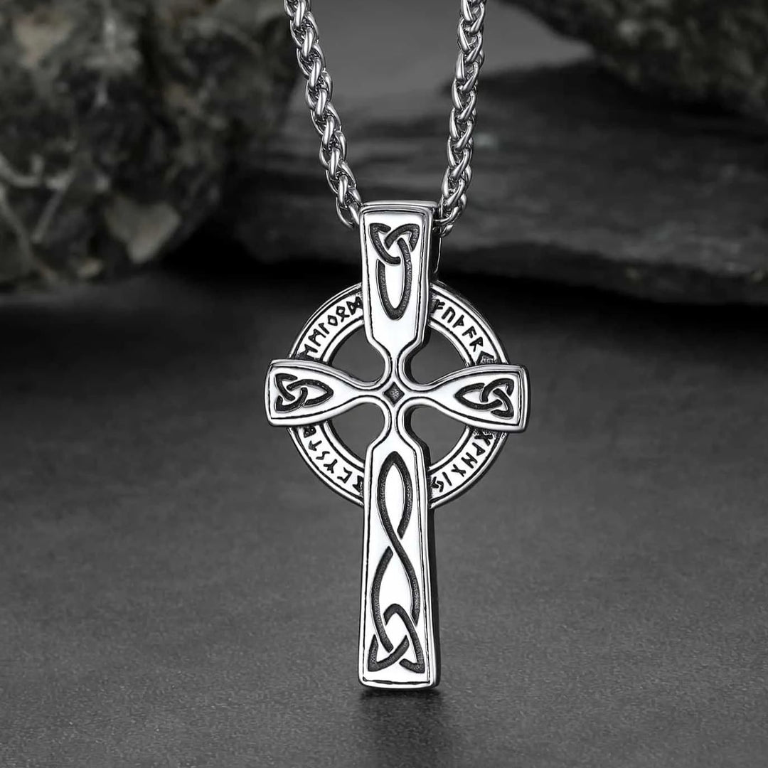 Irish Celtic Cross Pendant Necklace with Viking Runes for Men