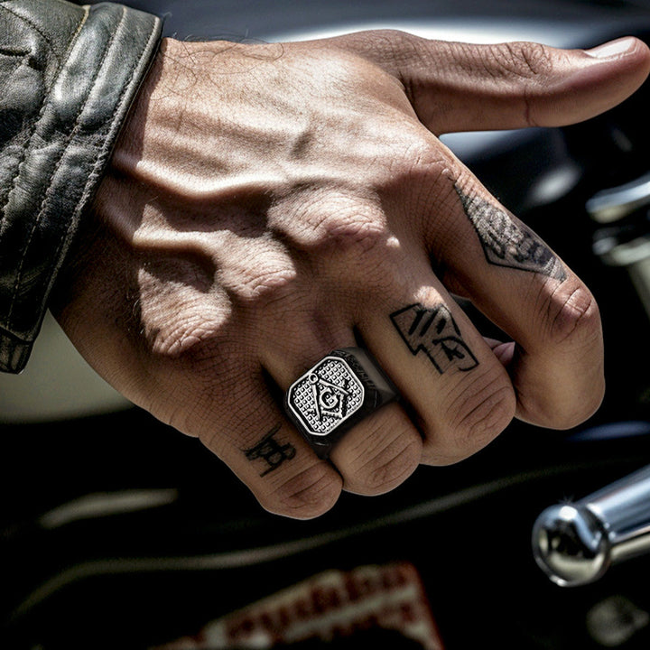 Square Masonic Signet Ring with Runes for Men