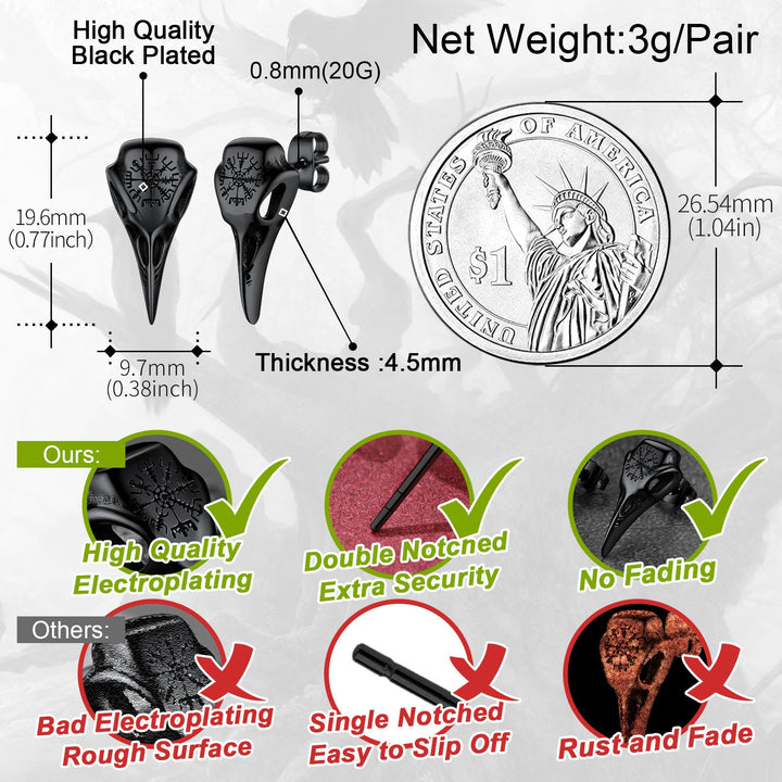 Viking Raven Skull Stud Earrings With Viking Vegvisir For Men Women