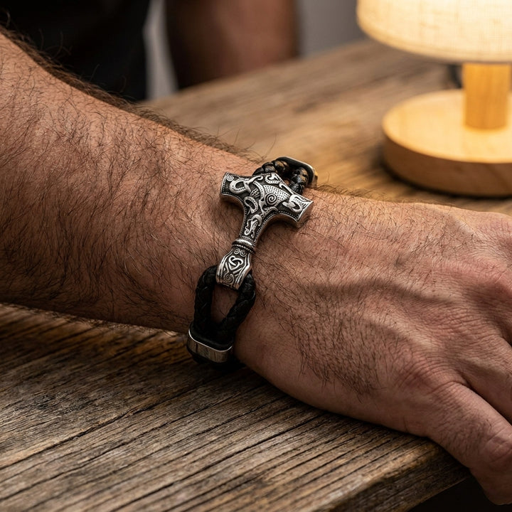 Mjolnir leather bracelet — worn