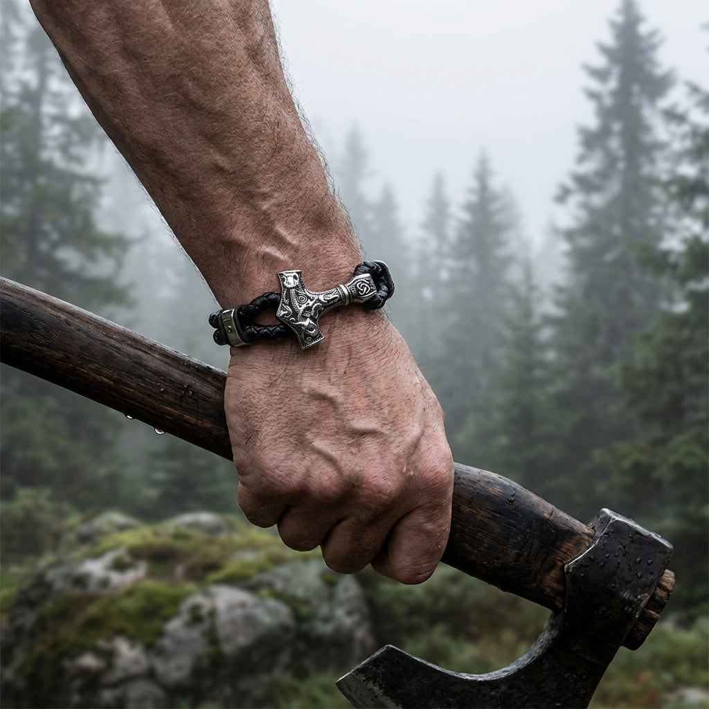 Mjolnir leather bracelet — worn outdoors